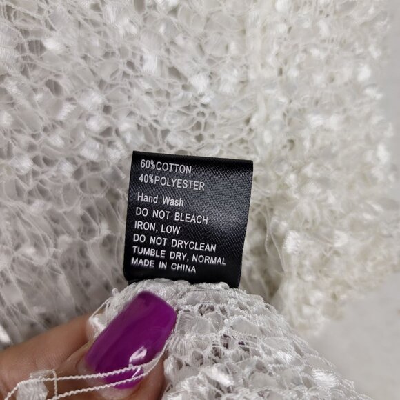 Pol White Fringe Crochet Knit Top Large Lightweight Sheer Accents Boho Style - Picture 5 of 8